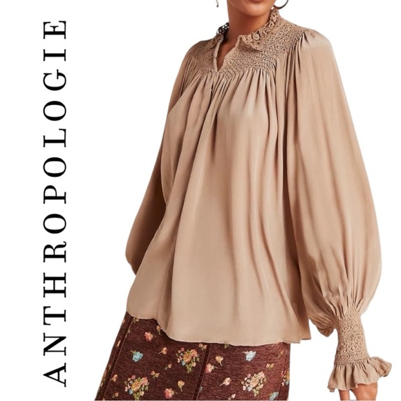 Anthropologie Love Sam Lissa Silk Peasant Blouse Embroidered Smocked Tan Sz XS - Picture 1 of 16